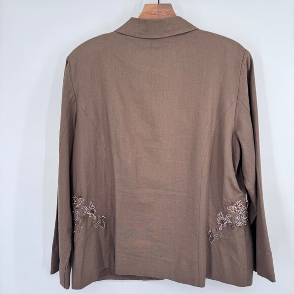 Coldwater Creek Embroidered Beaded Floral linen Jacket Size Large brown pockets - Picture 10 of 11